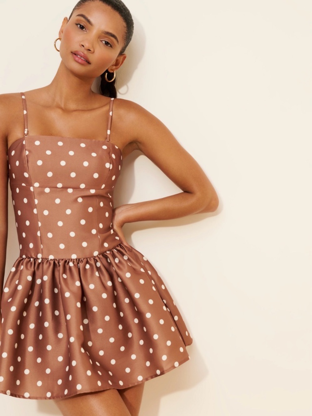 French Connection Polka Dot Satin Mini Dress in Brown